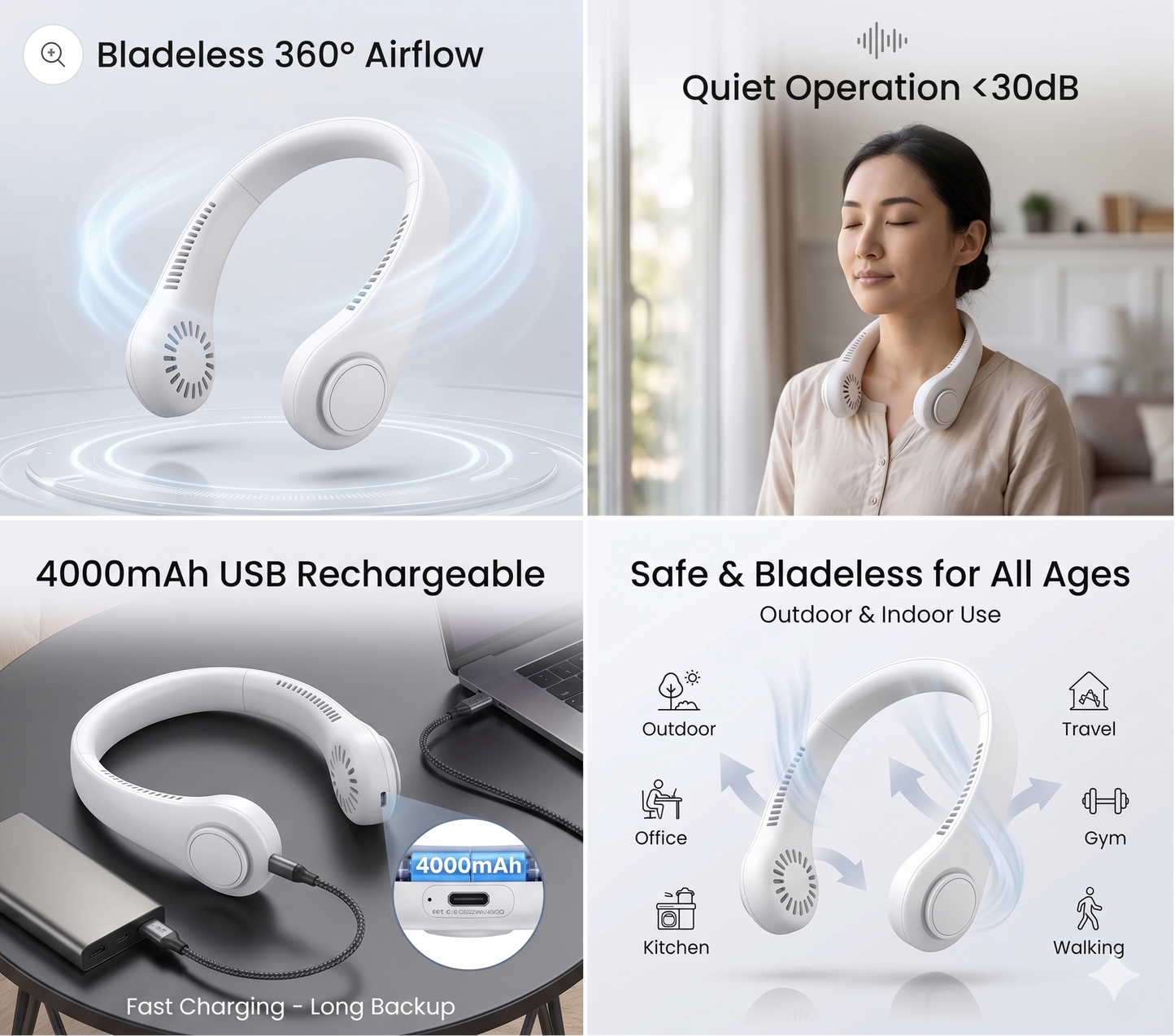 Portable Bladeless Neck Fan – Hands-Free 360° Cooling